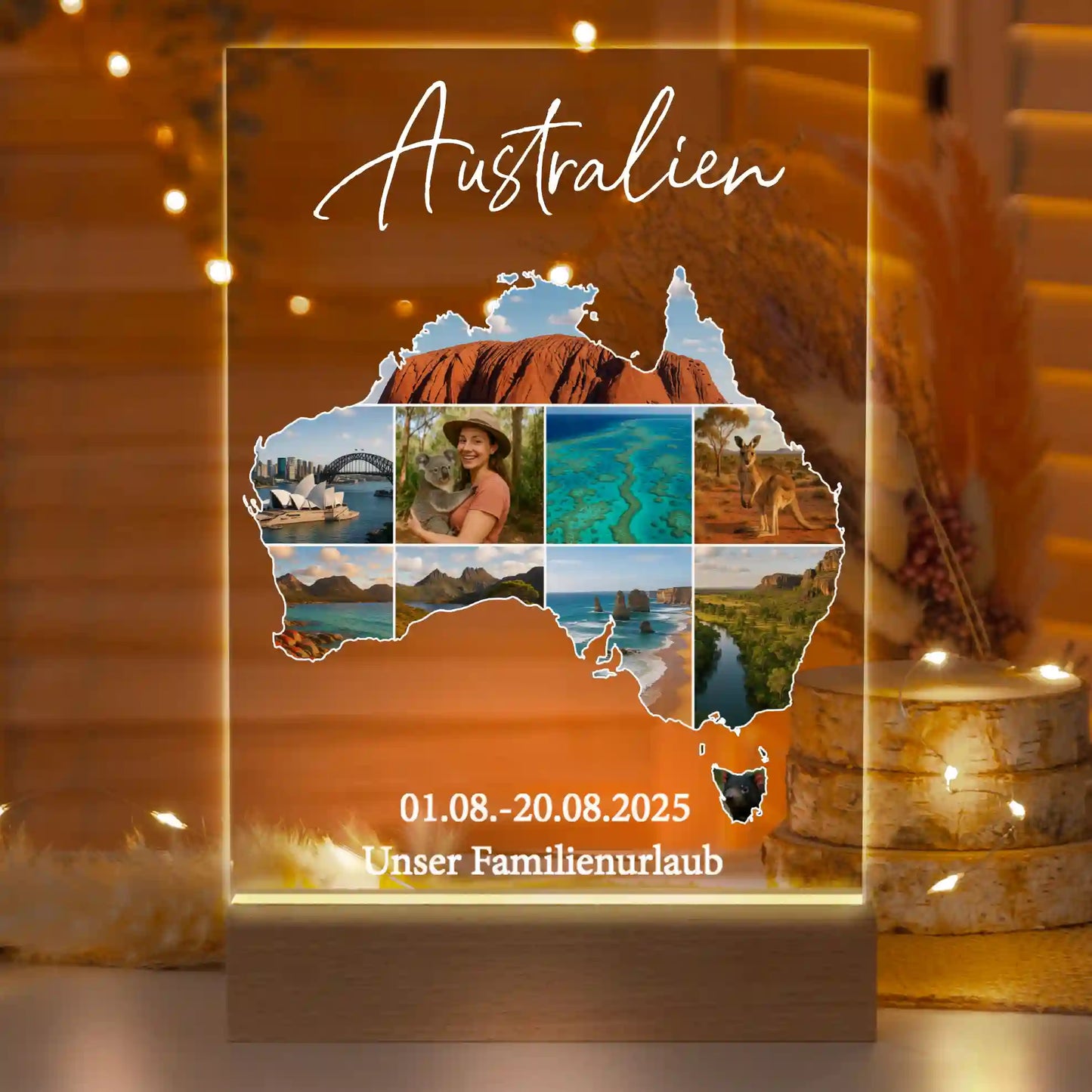 Personalisierte LED-Lampe aus Acrylglas "Unser Urlaub"