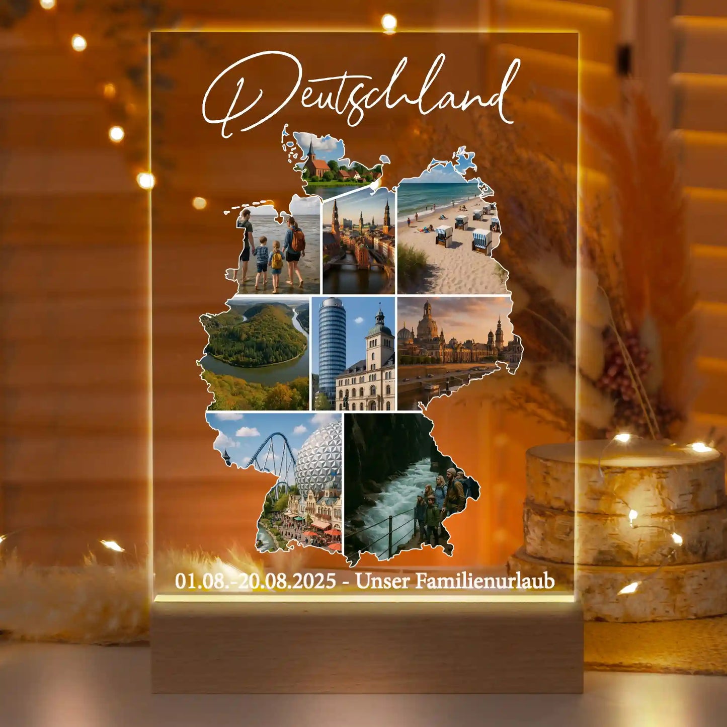 Personalisierte LED-Lampe aus Acrylglas "Unser Urlaub"