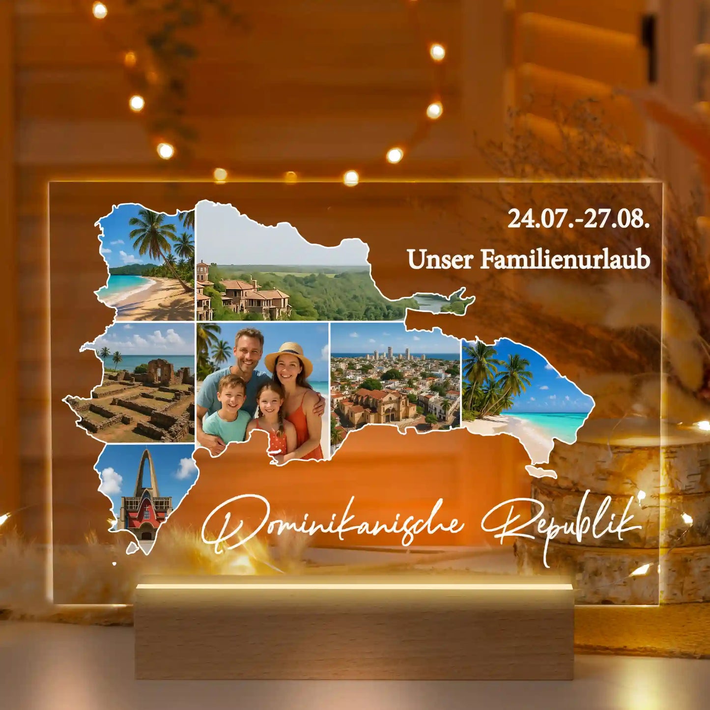 Personalisierte LED-Lampe aus Acrylglas "Unser Urlaub"