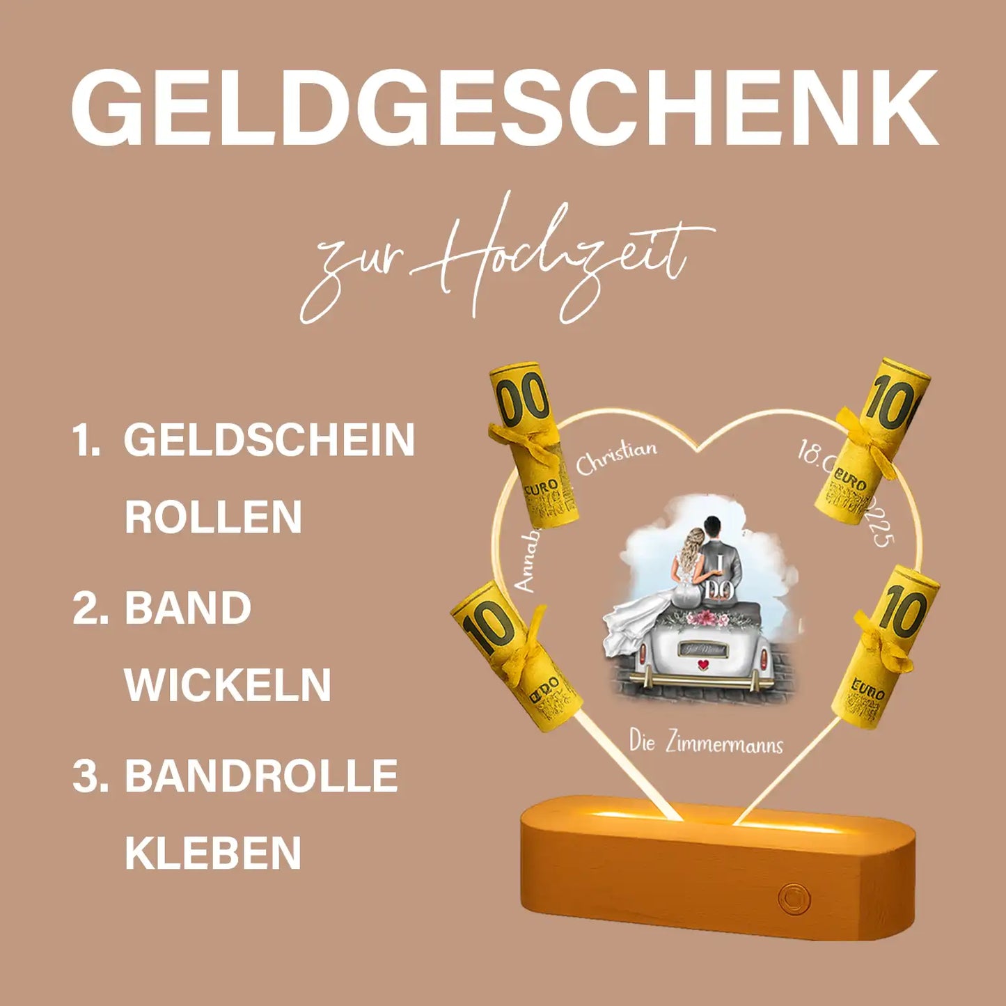 Personalisierte Herz-LED-Lampe aus Acrylglas "Brautpaar #1"