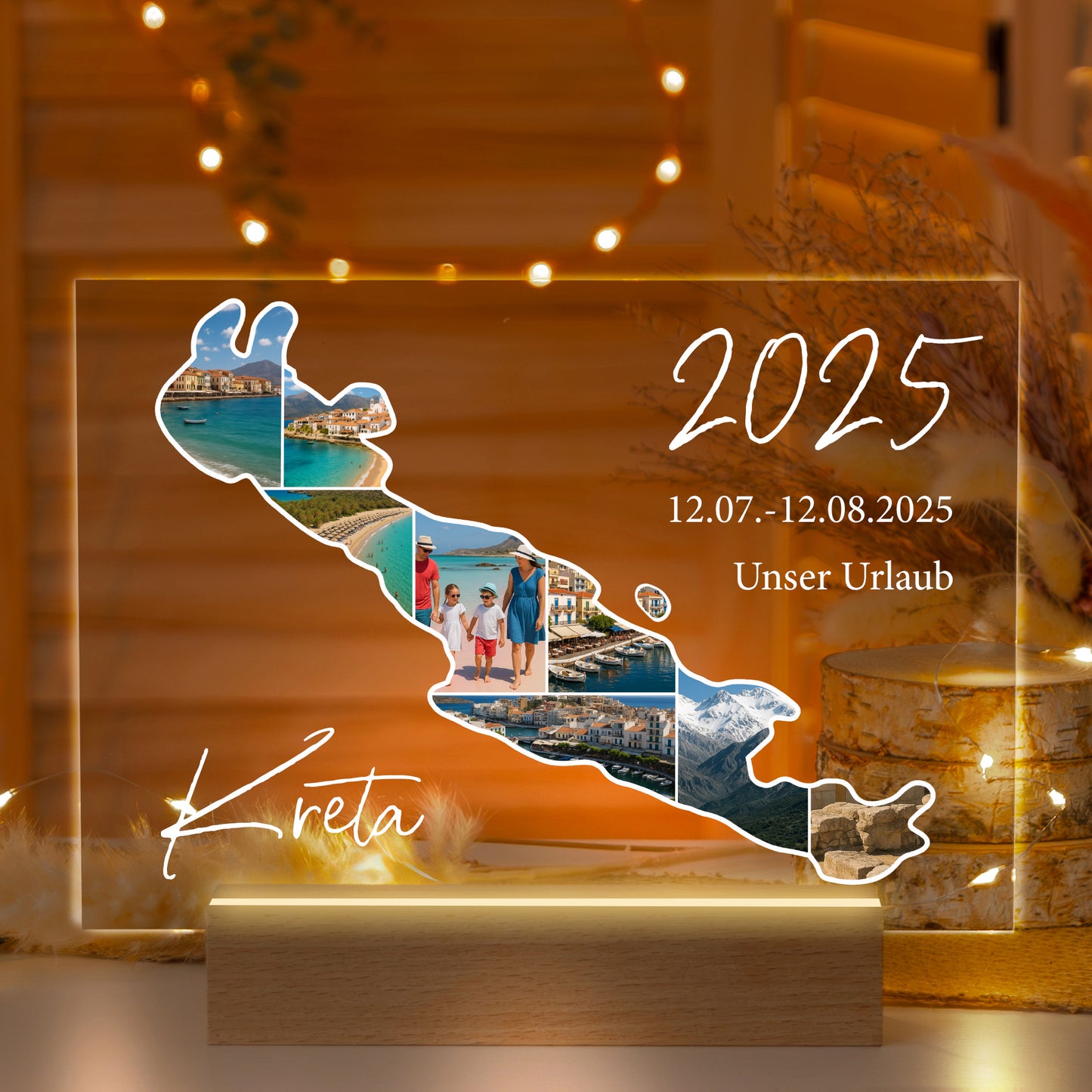 Personalisierte LED-Lampe aus Acrylglas "Unser Urlaub"