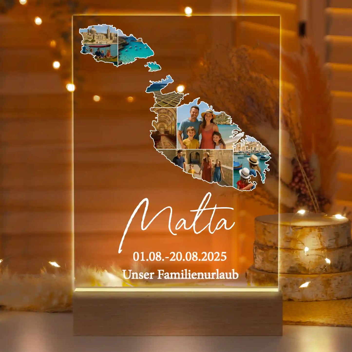Personalisierte LED-Lampe aus Acrylglas "Unser Urlaub"