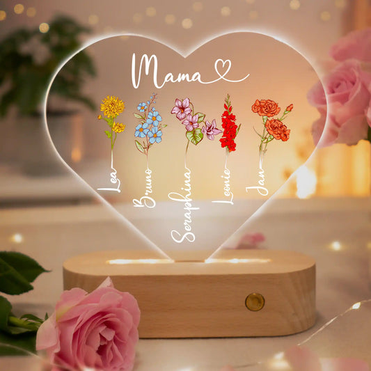Personalisierte Herz-LED-Lampe aus Acrylglas "Geburtsblume"