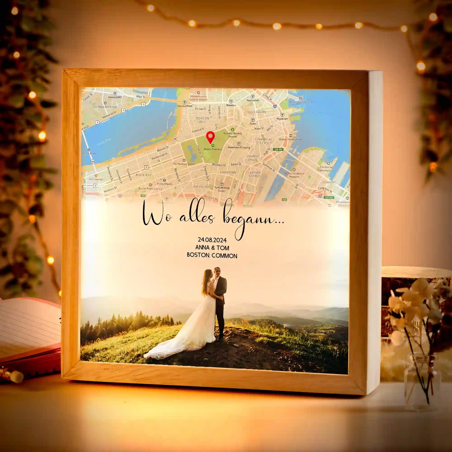 Beleuchteter Bilderrahmen inkl. personalisiertem Bild "Wo alles begann #3" | Deine Stadt - Deine Karte - Deine Liebe