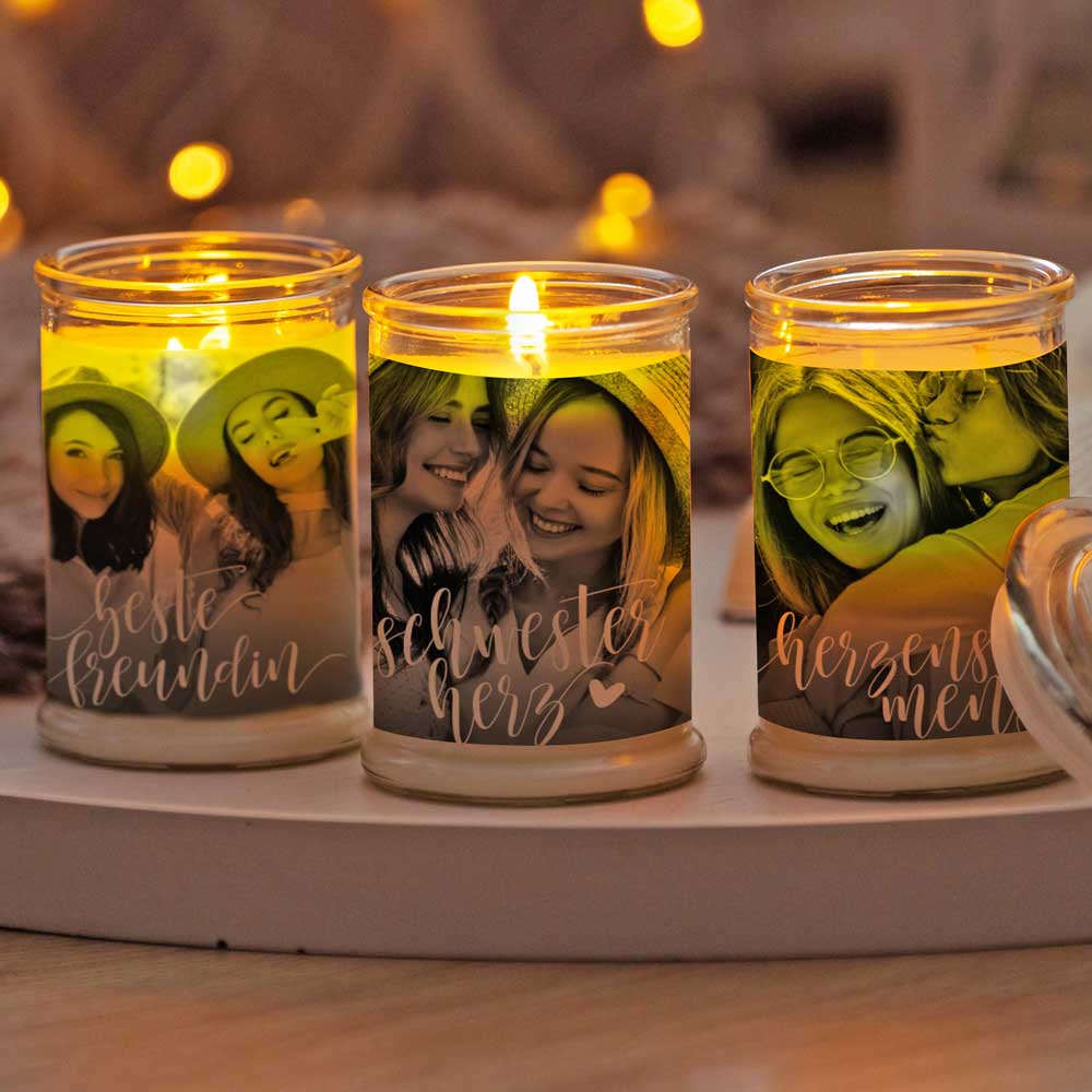 Duftkerze im Glas Nr. 7 "Foto" als personalisiertes Geschenk - Groß | Duft: Vanille | Handgegossen in Bayern | 100% Sojawachs | 400 g Wachs | bis zu 100 h Brenndauer