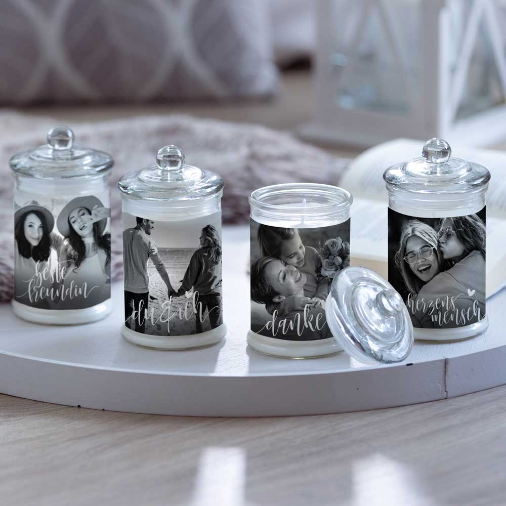 Duftkerze im Glas Nr. 7 "Foto" als personalisiertes Geschenk - Groß | Duft: Vanille | Handgegossen in Bayern | 100% Sojawachs | 400 g Wachs | bis zu 100 h Brenndauer