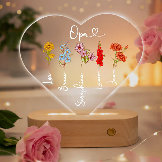 Personalisierte Herz-LED-Lampe aus Acrylglas "Geburtsblume"