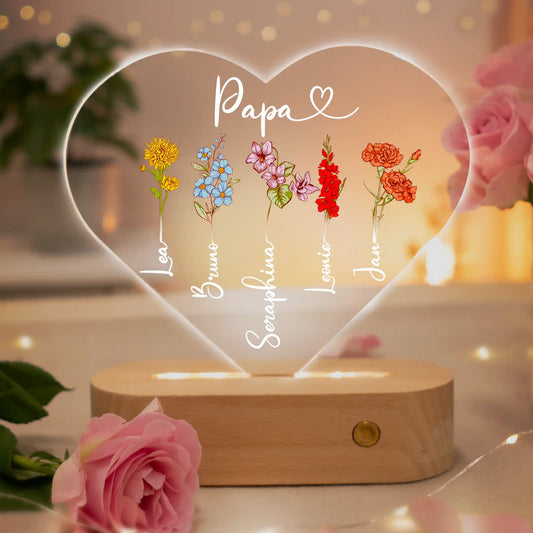 Personalisierte Herz-LED-Lampe aus Acrylglas "Geburtsblume"