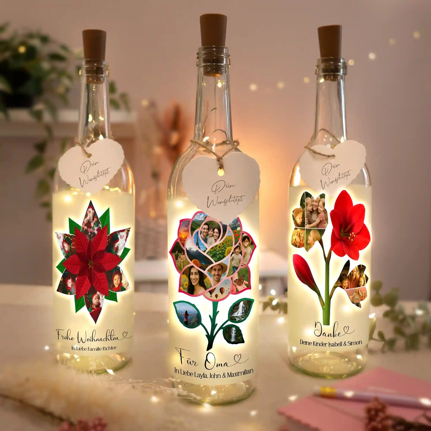 Personalisierte Lichterflasche "Fotocollage #7 Blume"